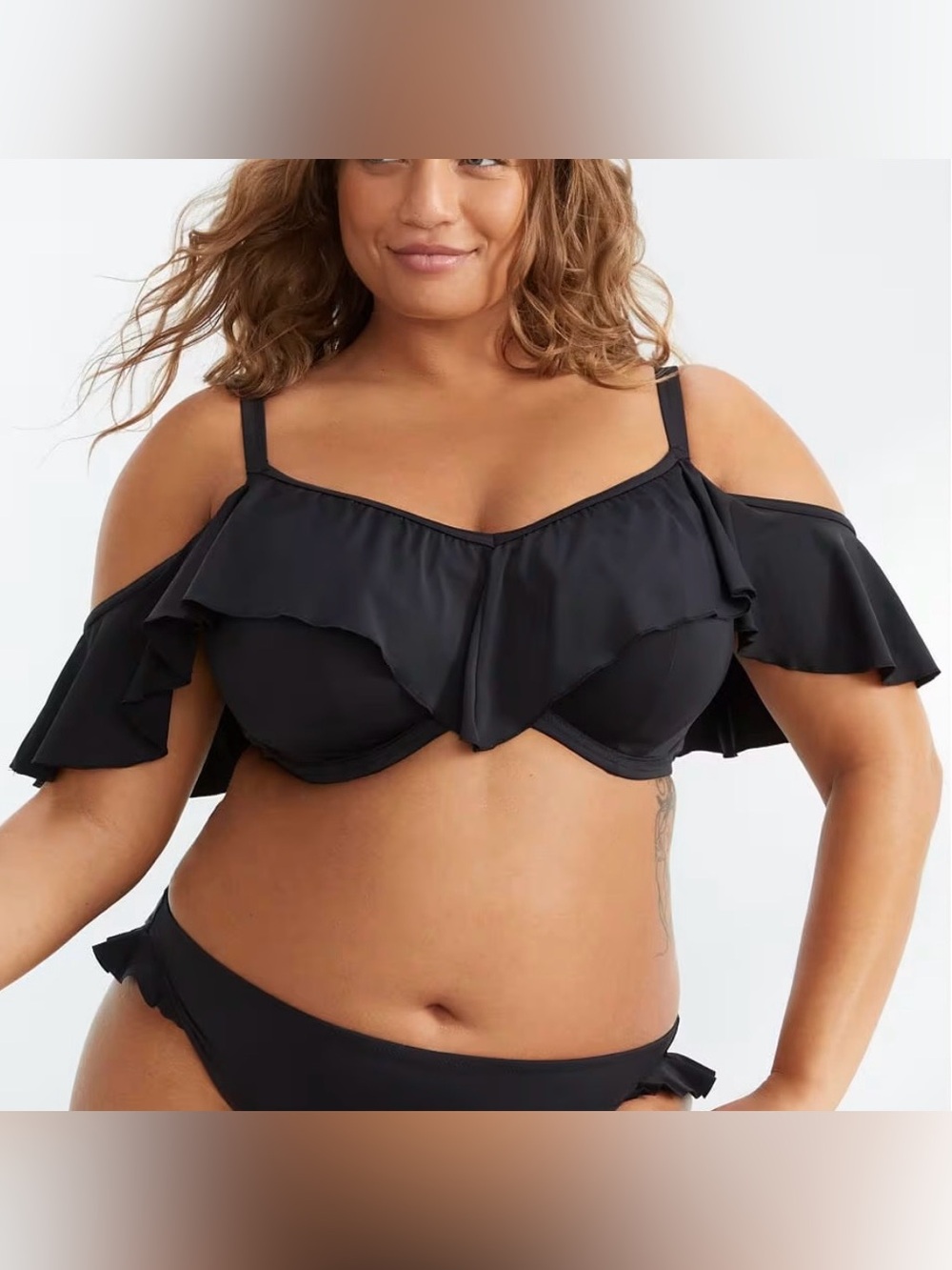 Elmoi Bare Necessities Black Ruffle Underwire Bikini Swim Top 36H